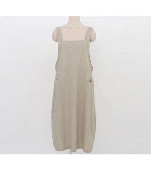Fashion Cotton Linen Spaghetti Strap Dress Loose Pockets