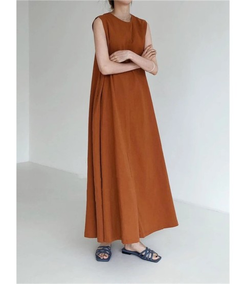 Cotton Linen Sleeveless Women's Long Dresses Solid O-Neck Style