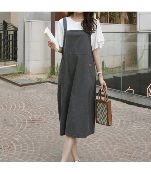 Fashion Cotton Linen Spaghetti Strap Dress Loose Pockets