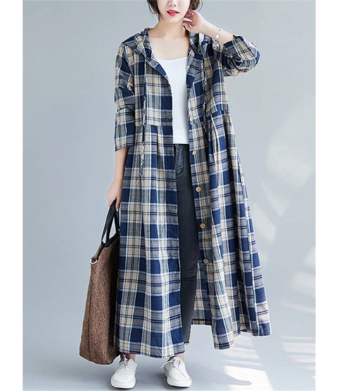 Casual Hooded Trench Coat Long Sleeve Single Breasted Plaid Cotton Office Lady Dress