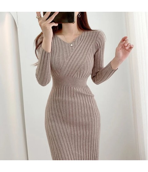 Vintage Long Sleeve Knitted Retro V-neck Dress