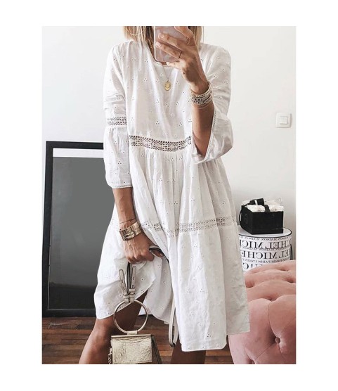 Boho Solid Crew Neck Hollow Out Splice Dress