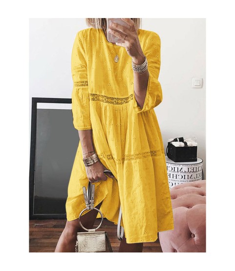 Boho Solid Crew Neck Hollow Out Splice Dress