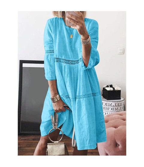 Boho Solid Crew Neck Hollow Out Splice Dress