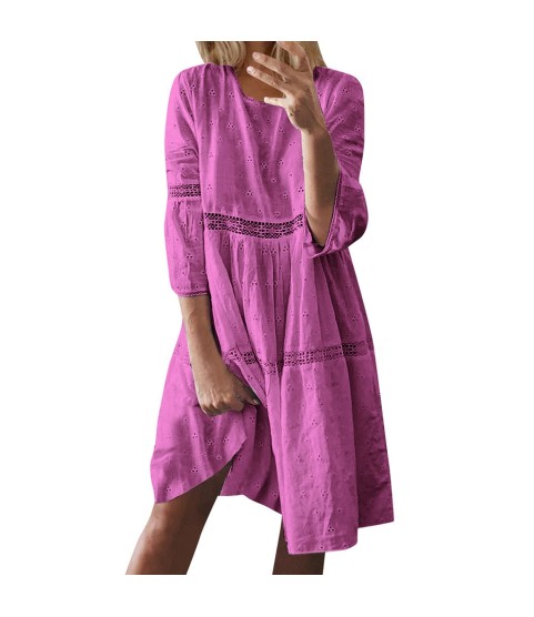 Boho Solid Crew Neck Hollow Out Splice Dress