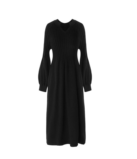 Retro girlchic knitting v-neck long sleeve basic dress