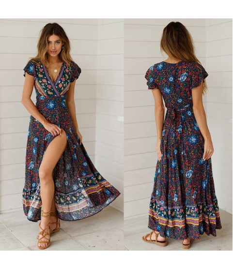 Vintage Print Sash Lace Up Elegant Party Long Beach Maxi Dress