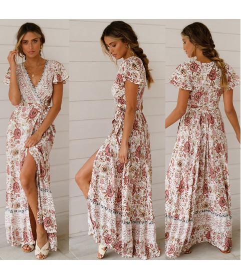Vintage Print Sash Lace Up Elegant Party Long Beach Maxi Dress
