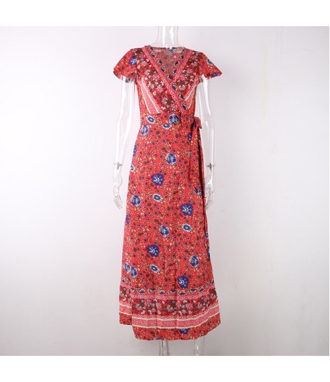 Vintage Print Sash Lace Up Elegant Party Long Beach Maxi Dress
