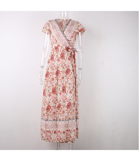 Vintage Print Sash Lace Up Elegant Party Long Beach Maxi Dress
