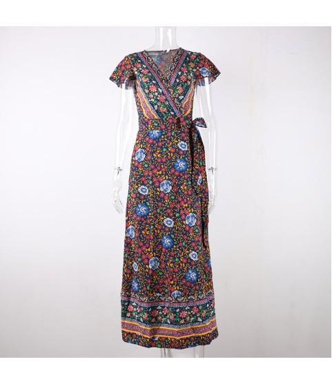Vintage Print Sash Lace Up Elegant Party Long Beach Maxi Dress