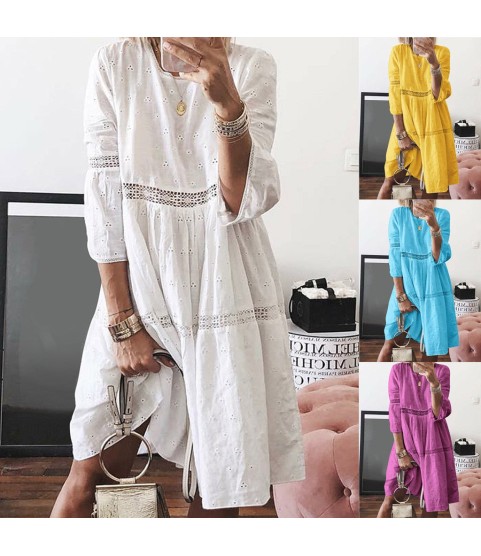 Boho Solid Crew Neck Hollow Out Splice Dress