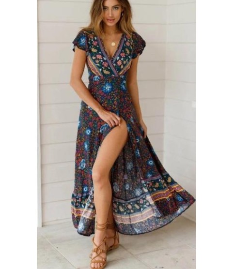 Vintage Print Sash Lace Up Elegant Party Long Beach Maxi Dress