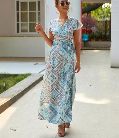 Vintage Print Sash Lace Up Elegant Party Long Beach Maxi Dress