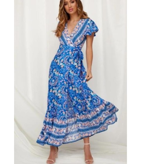 Vintage Print Sash Lace Up Elegant Party Long Beach Maxi Dress
