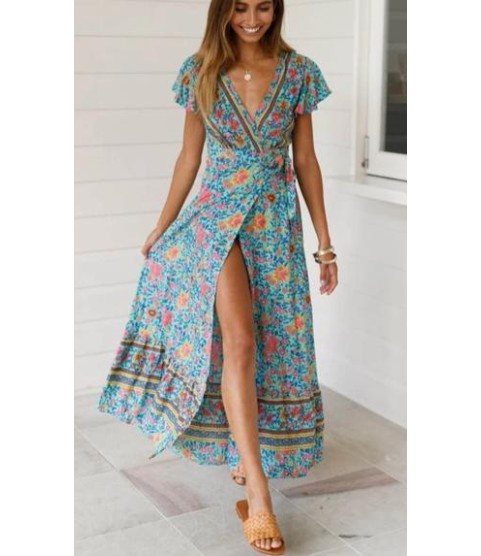 Vintage Print Sash Lace Up Elegant Party Long Beach Maxi Dress