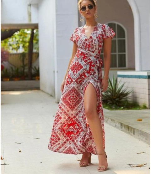 Vintage Print Sash Lace Up Elegant Party Long Beach Maxi Dress