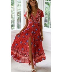 Vintage Print Sash Lace Up Elegant Party Long Beach Maxi Dress