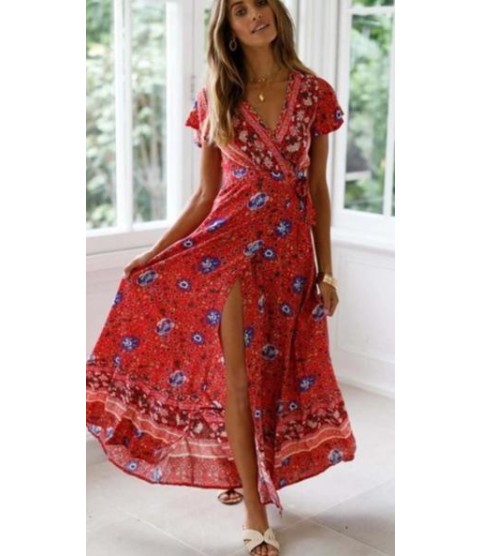 Vintage Print Sash Lace Up Elegant Party Long Beach Maxi Dress