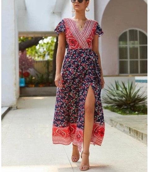 Vintage Print Sash Lace Up Elegant Party Long Beach Maxi Dress