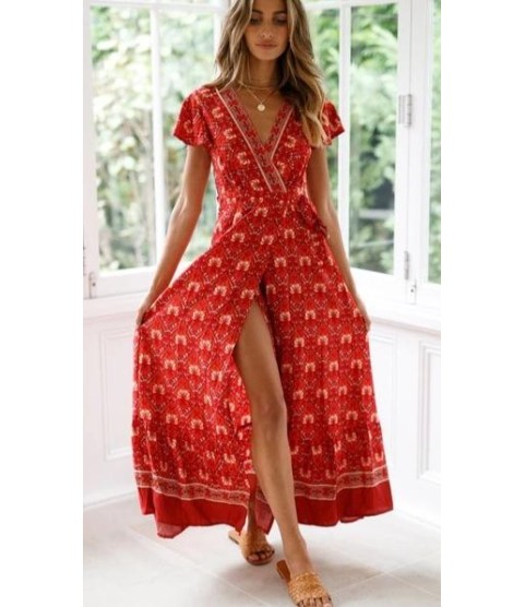 Vintage Print Sash Lace Up Elegant Party Long Beach Maxi Dress