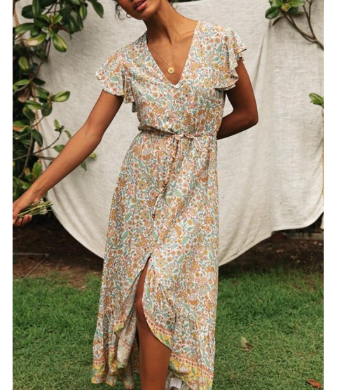 Floral Print Long Dress Boho Irregular Hem Sashes Gypsy Maxi Dress