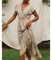 Floral Print Long Dress Boho Irregular Hem Sashes Gypsy Maxi Dress