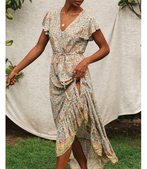 Floral Print Long Dress Boho Irregular Hem Sashes Gypsy Maxi Dress