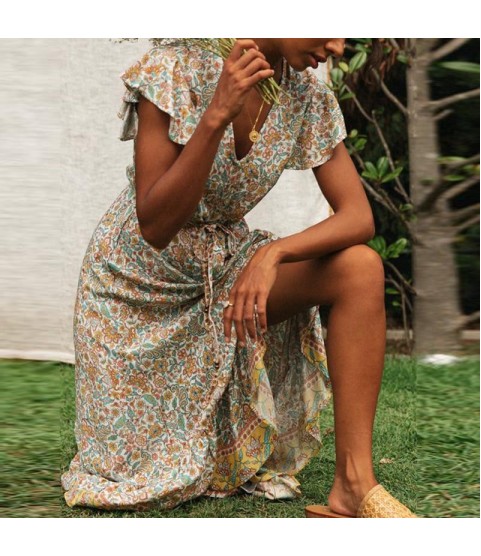 Floral Print Long Dress Boho Irregular Hem Sashes Gypsy Maxi Dress