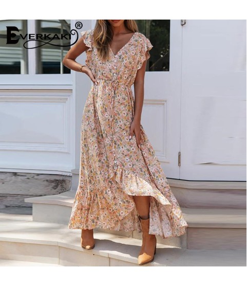 Floral Print Long Dress Boho Irregular Hem Sashes Gypsy Maxi Dress