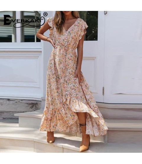 Floral Print Long Dress Boho Irregular Hem Sashes Gypsy Maxi Dress