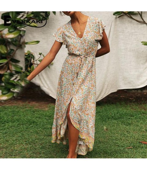 Floral Print Long Dress Boho Irregular Hem Sashes Gypsy Maxi Dress