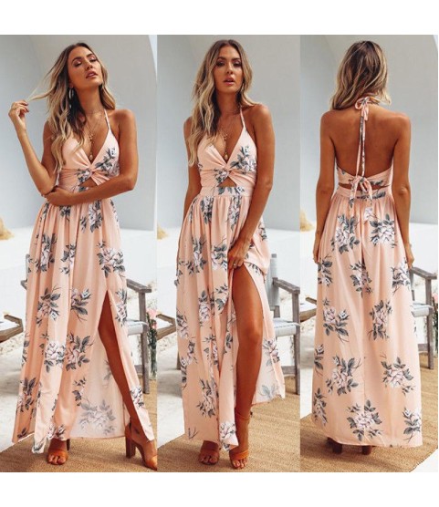 Boho Floral Halter Maxi Long Dress