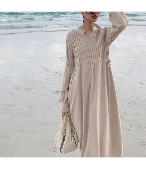 Retro girlchic knitting v-neck long sleeve basic dress