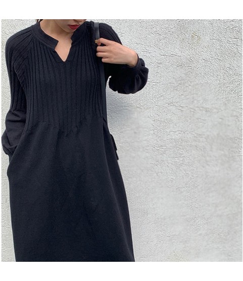 Retro girlchic knitting v-neck long sleeve basic dress
