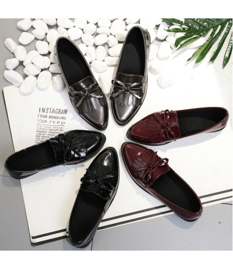 Casual Tassel Bow Pointed Toe Black Oxford Shoes