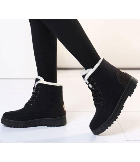 Snow boots square heels flock ankle boots lace-up winter shoes