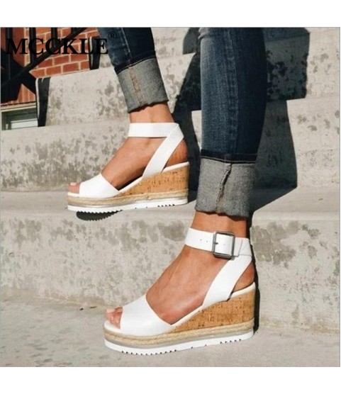 PU Leather Ankle Buckle Strap Sandals Shoes Ladies Peep Toes