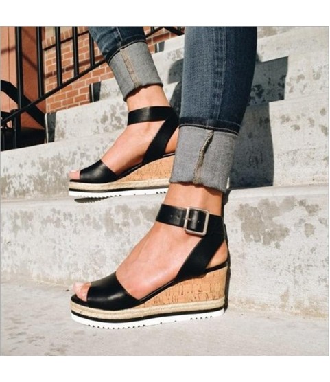 PU Leather Ankle Buckle Strap Sandals Shoes Ladies Peep Toes