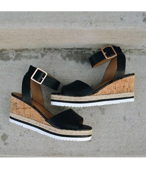 PU Leather Ankle Buckle Strap Sandals Shoes Ladies Peep Toes