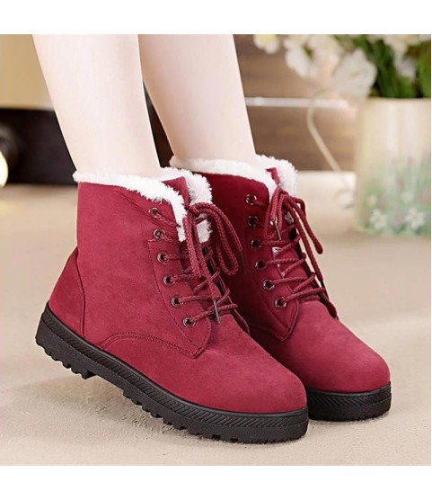 Snow boots square heels flock ankle boots lace-up winter shoes