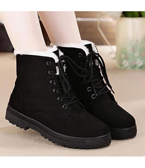 Snow boots square heels flock ankle boots lace-up winter shoes