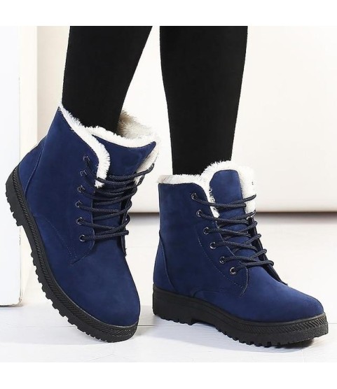 Snow boots square heels flock ankle boots lace-up winter shoes