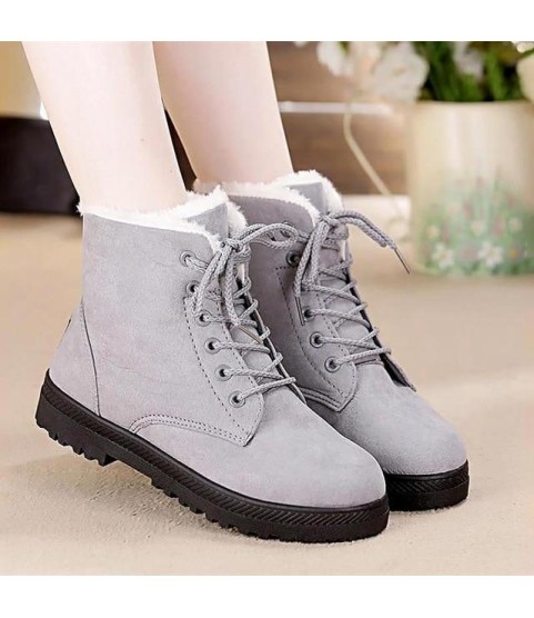 Snow boots square heels flock ankle boots lace-up winter shoes