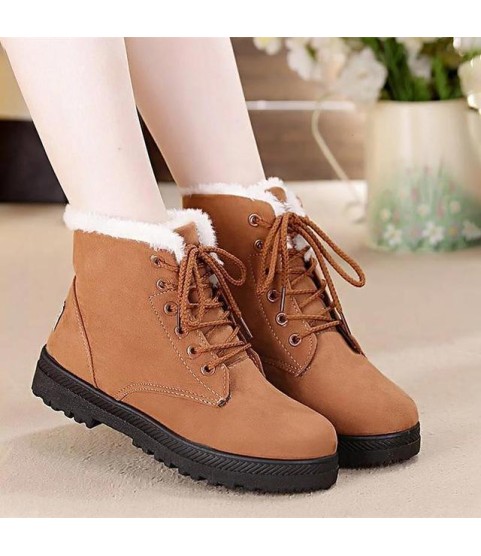 Snow boots square heels flock ankle boots lace-up winter shoes