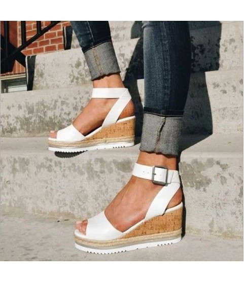 PU Leather Ankle Buckle Strap Sandals Shoes Ladies Peep Toes