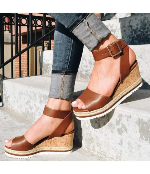 PU Leather Ankle Buckle Strap Sandals Shoes Ladies Peep Toes
