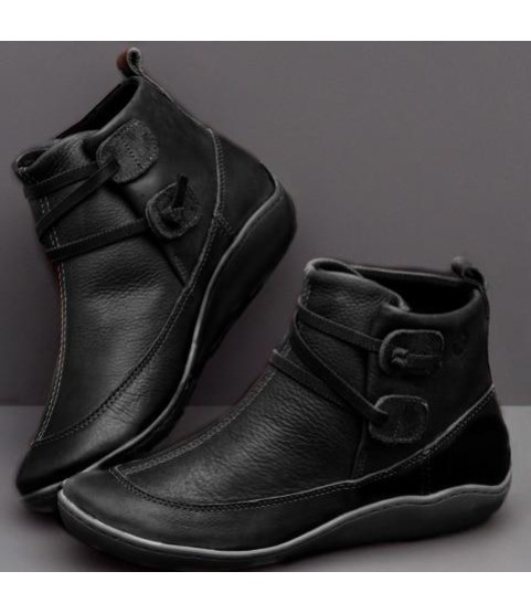 PU Leather Ankle Boots Autumn Winter Cross Strappy Vintage