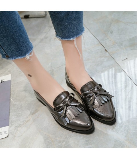 Casual Tassel Bow Pointed Toe Black Oxford Shoes
