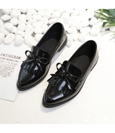 Casual Tassel Bow Pointed Toe Black Oxford Shoes